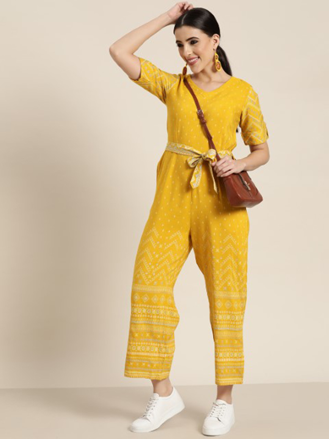 

Juniper Ethnic Motifs Printed V-Neck Basic Jumpsuit, Mustard
