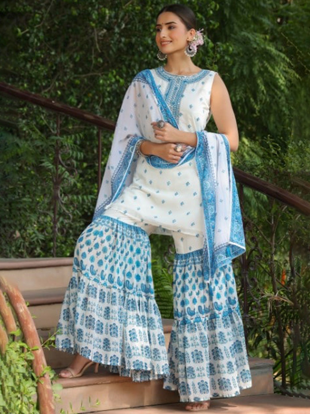 

Juniper Floral Printed Round Neck Regular Kurti With Sharara & Dupatta, White