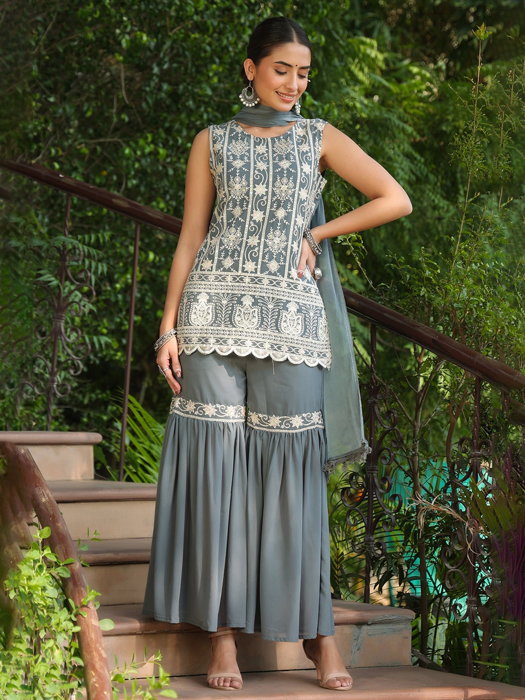 

Juniper Floral Embroidered Sleeveless Georgette Kurta With Sharara & Dupatta, Grey