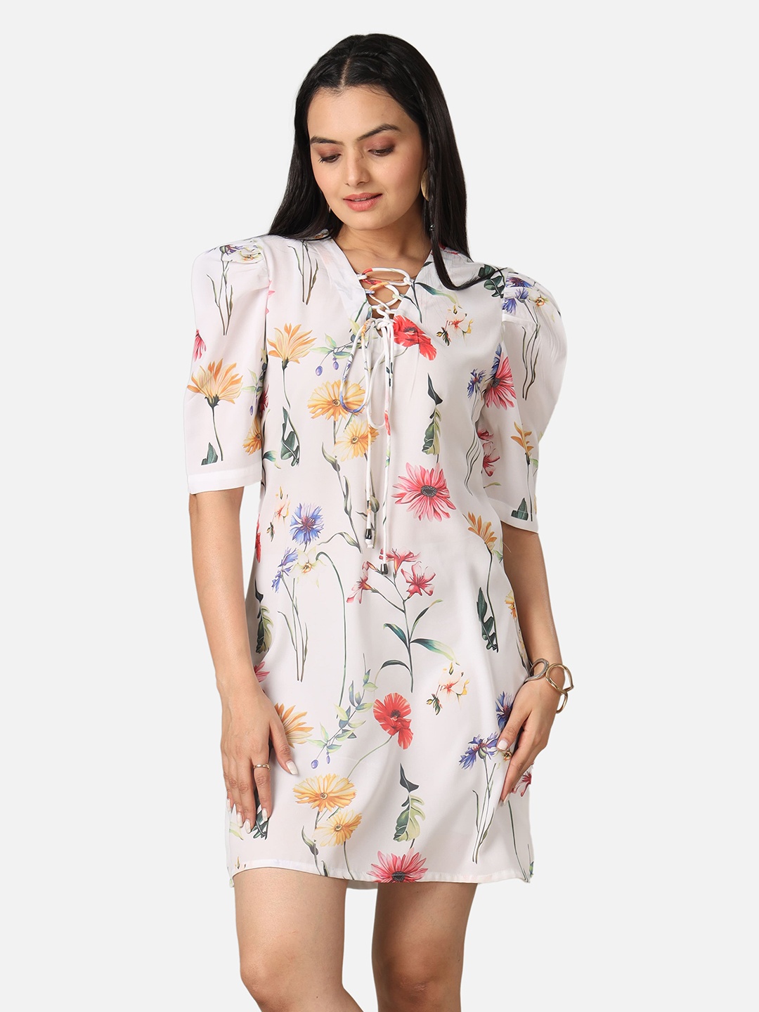 

NEOFAA Floral Printed Tie-Up Neck Puff Sleeve Satin A-Line Dress, White