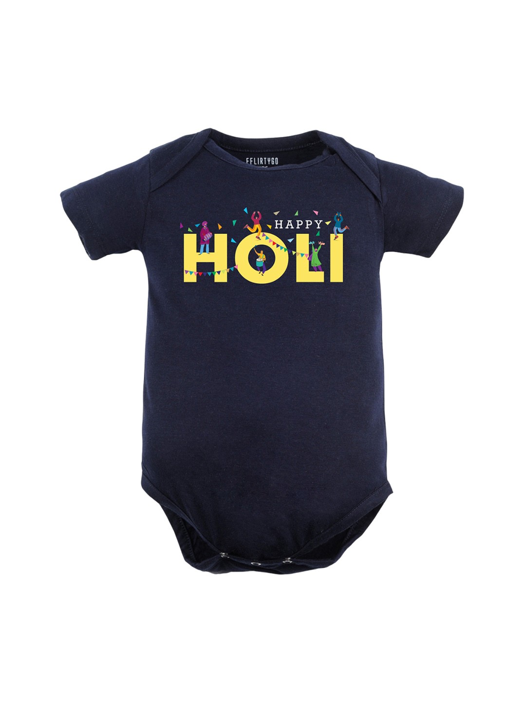 

FFLIRTYGO Infants Typography Printed Holi Special Pure Cotton Bodysuit, Navy blue