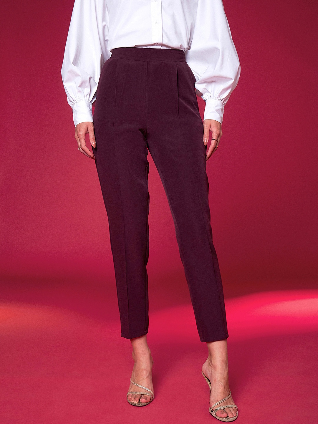 

SASSAFRAS Women Tapered Fit High-Rise Cropped Pleated Peg Trousers, Burgundy