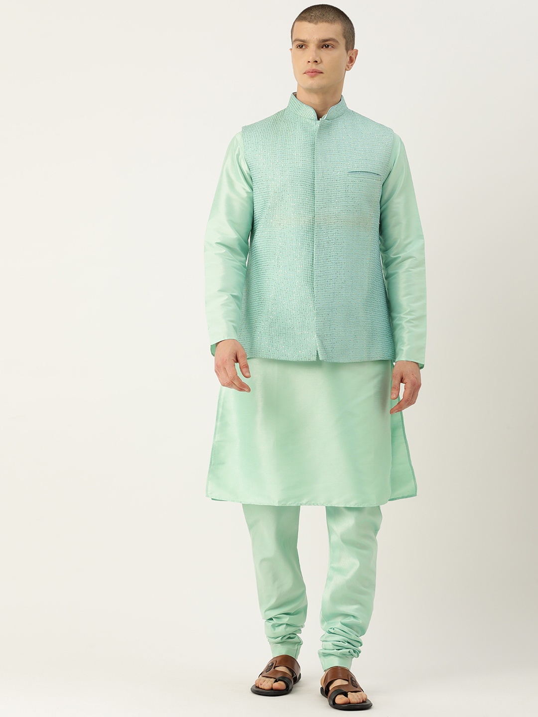 

Simaaya Men Kurta with Churidar & Nehru Jacket, Sea green