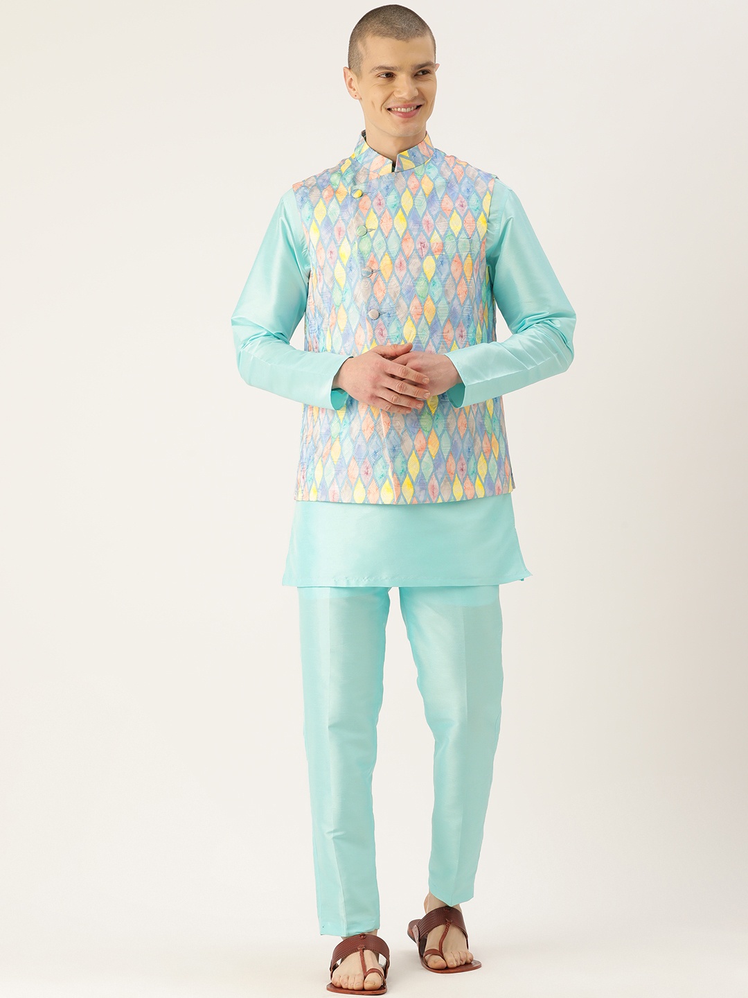 

Simaaya Men Regular Kurta with Trousers & With Nehru Jacket, Multi