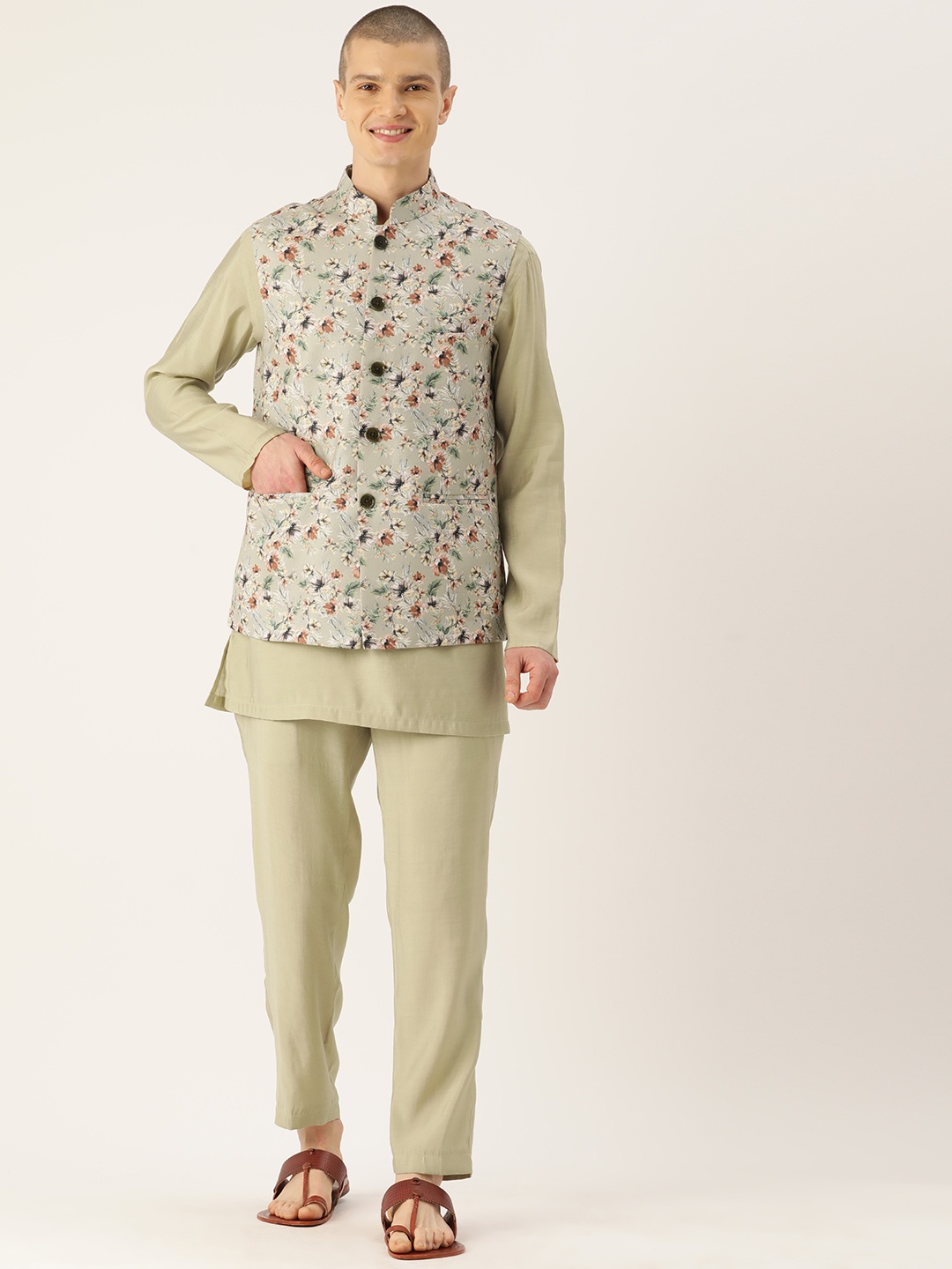 

Simaaya Men Regular Pure Cotton Kurta with Trousers & With Nehru Jacket, Beige