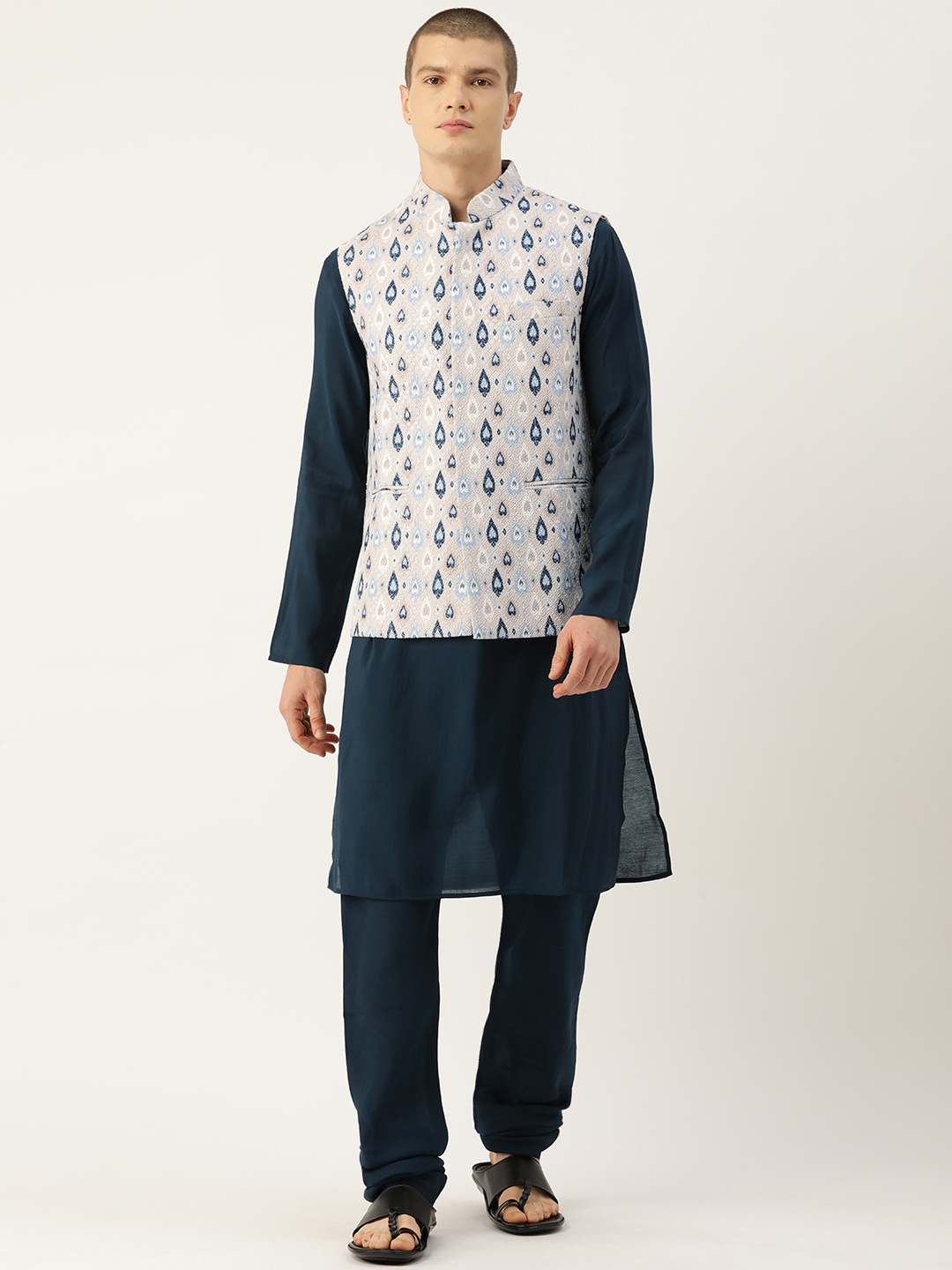 

Simaaya Men Pure Cotton Kurta with Churidar & Nehru Jacket, Navy blue