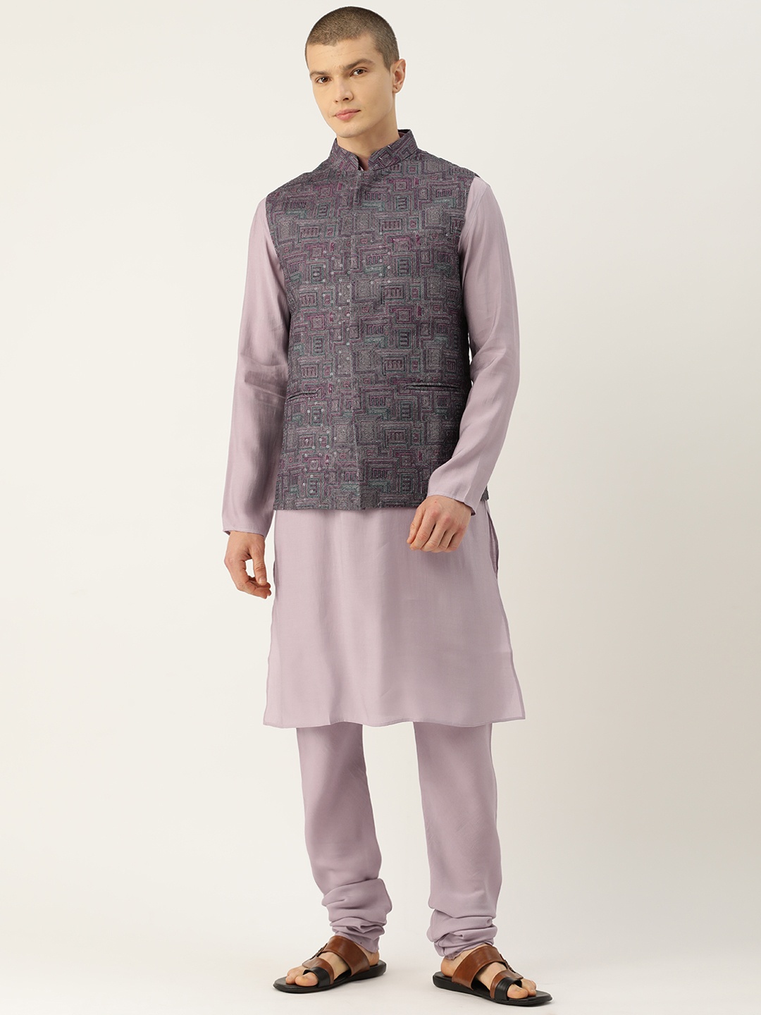 

Simaaya Men Solid Pure Cotton Kurta with Churidar & With Nehru Jacket, Lavender