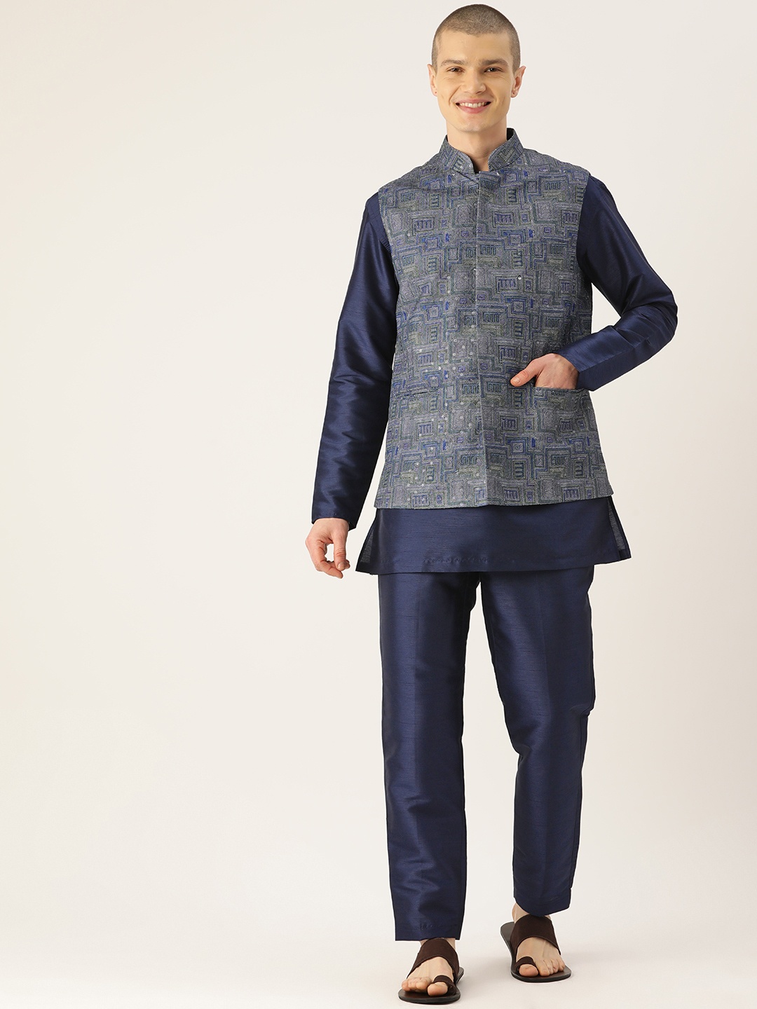 

Simaaya Men Regular Kurta with Trousers & With Nehru Jacket, Multi