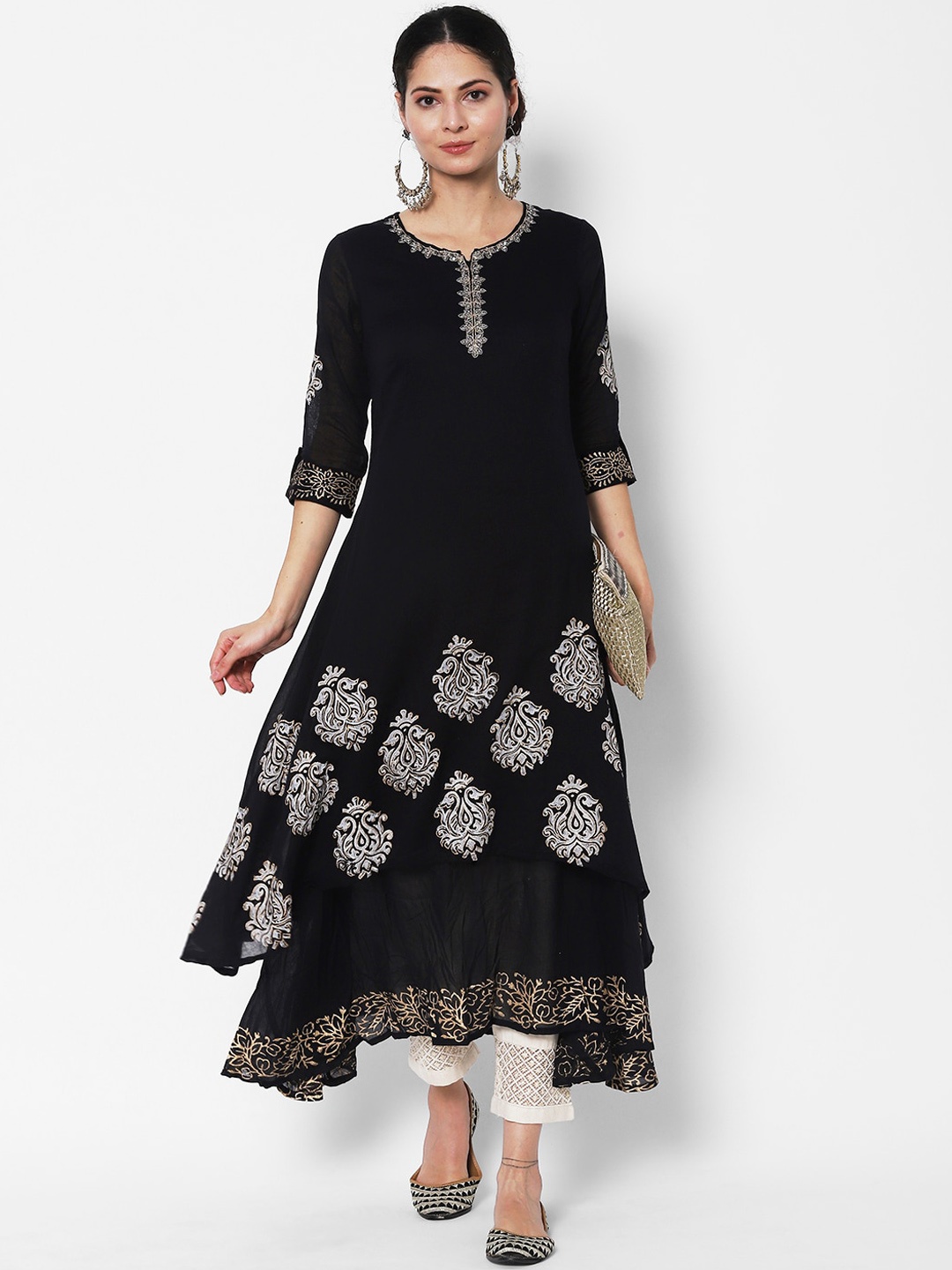 

Vedic Ethnic Motifs Printed Round Neck Anarkali Kurta, Black