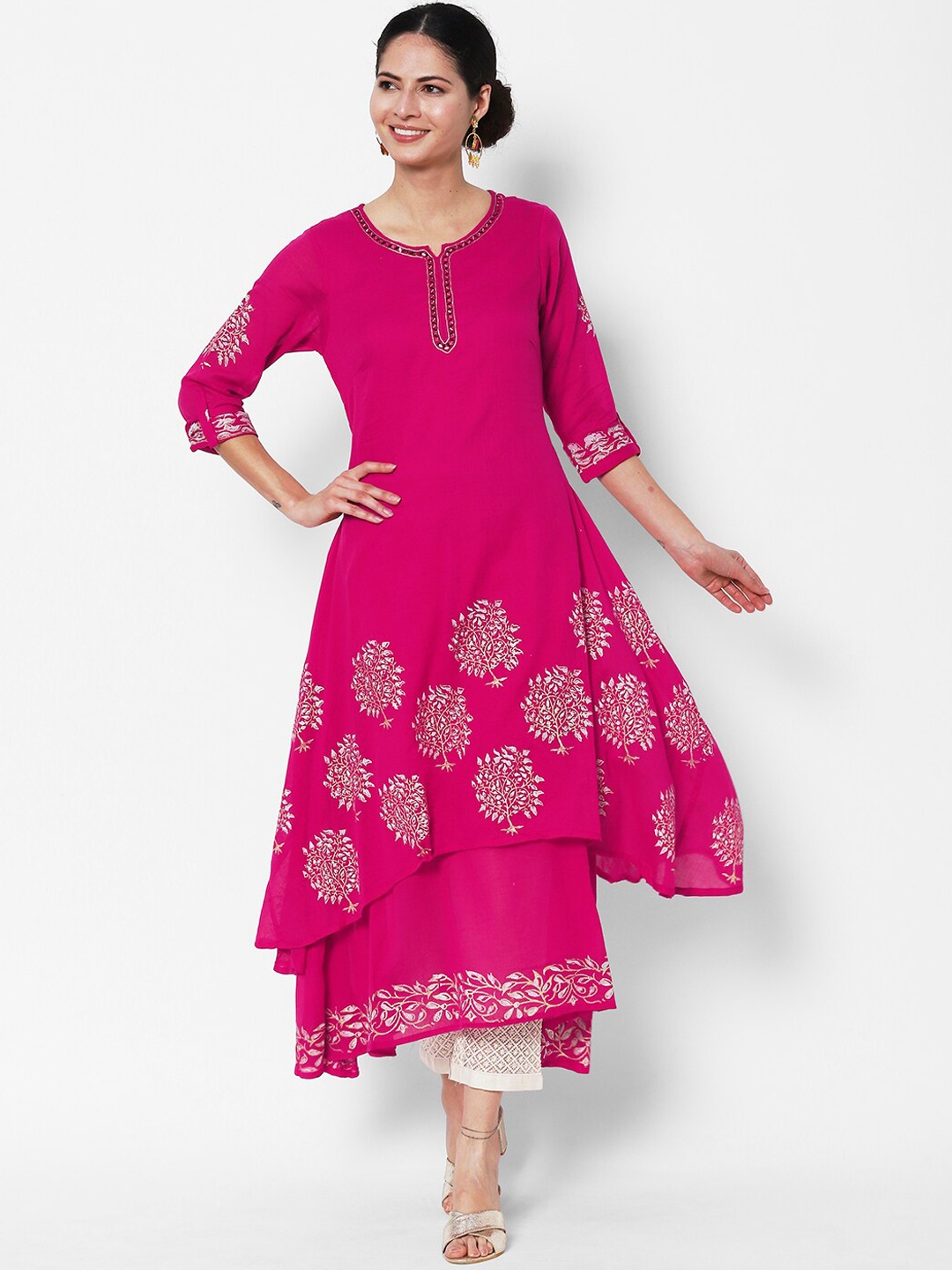 

Vedic Ethnic Motifs Printed Round Neck Anarkali Kurta, Pink