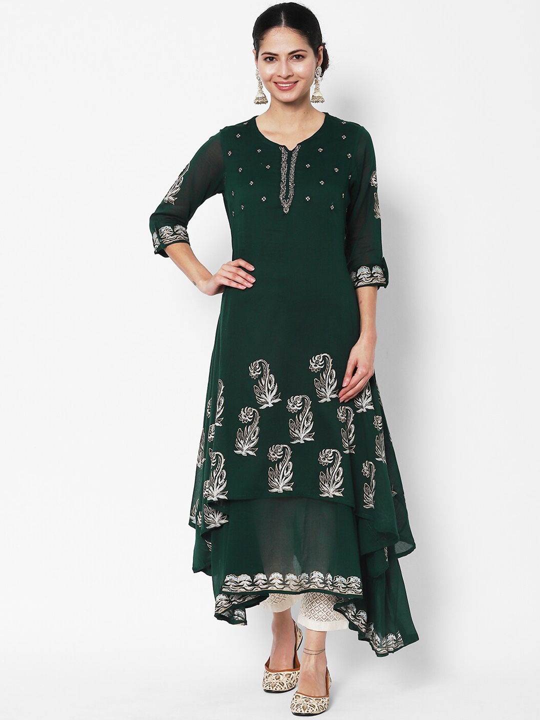 

Vedic Ethnic Motifs Embroidered Layered Cotton Kurta, Green