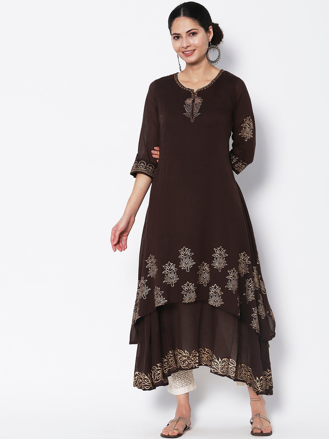 

Vedic Floral Printed Keyhole Neck Kurta, Brown