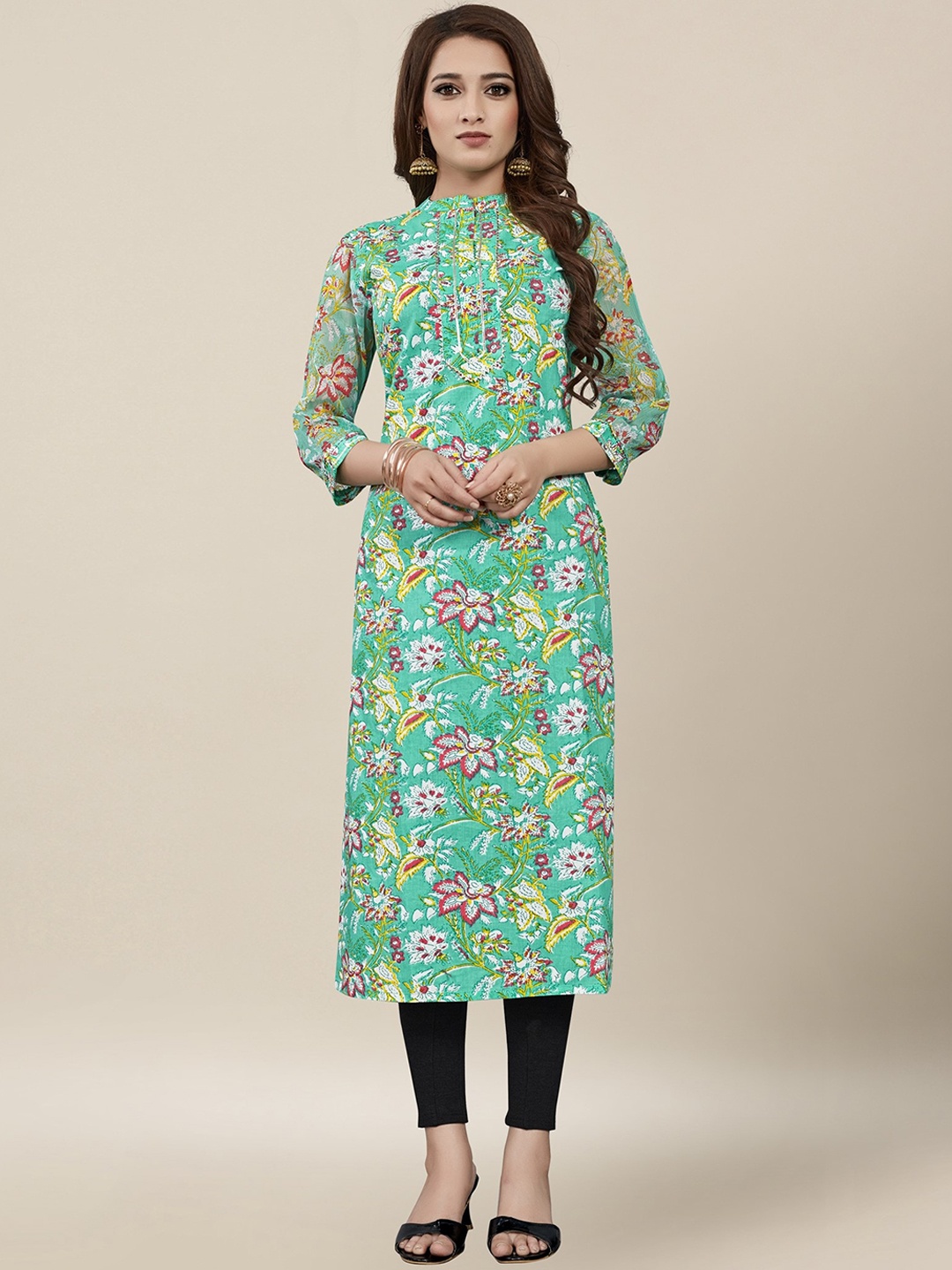 

Vedic Floral Printed Cotton Long Sleeves Kurta, Sea green