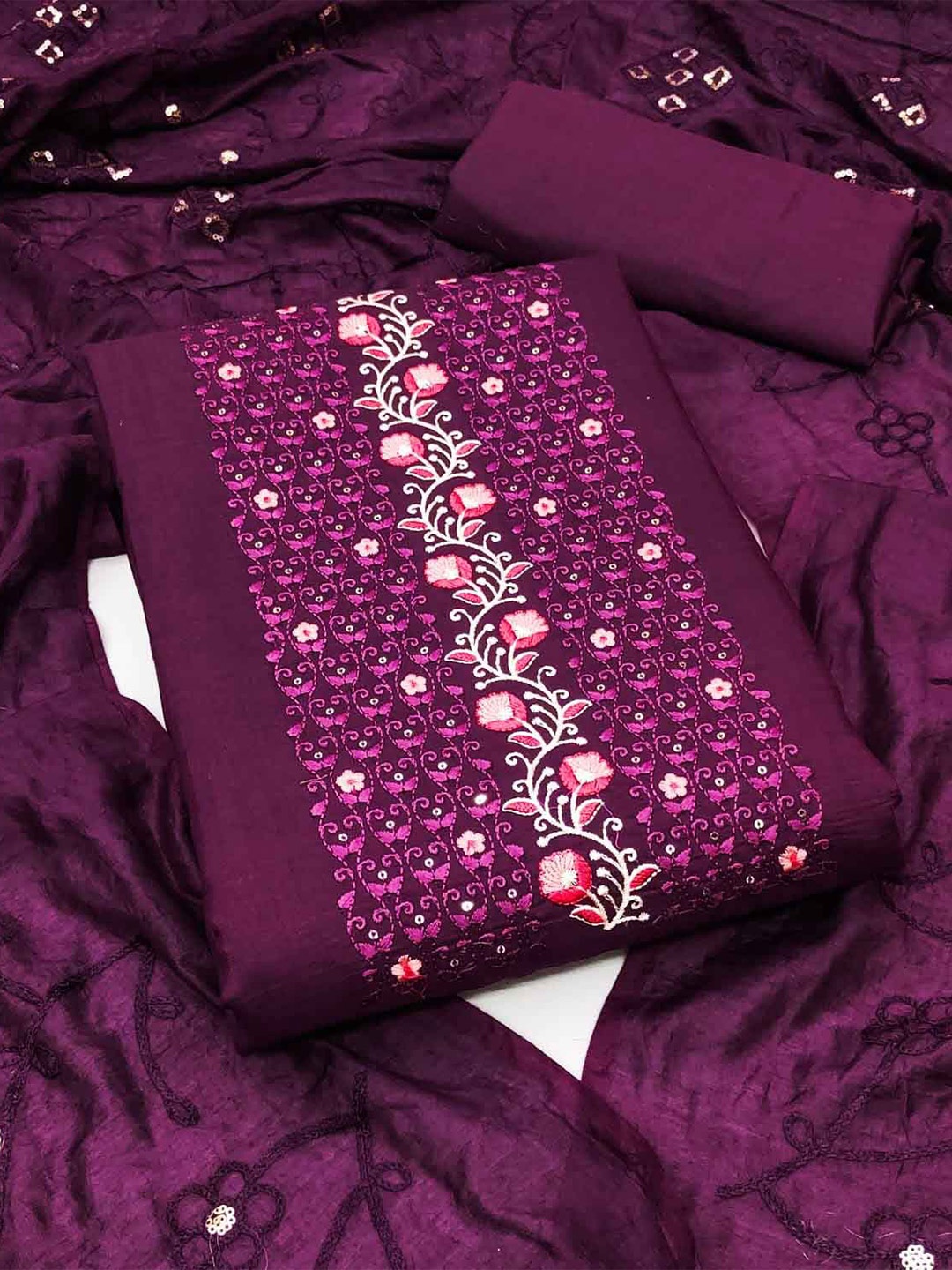 

KALINI Ethnic Motif Embroidered Sequinned Unstitched Dress Material, Purple