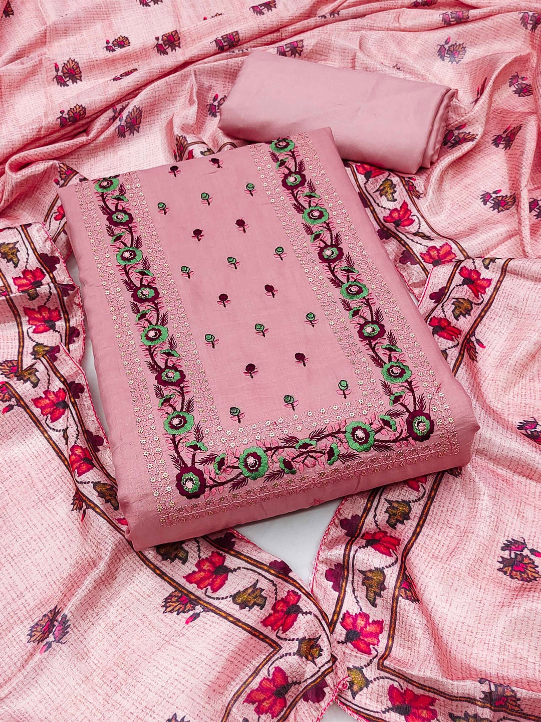

KALINI Ethnic Motif Embroidered Sequinned Unstitched Dress Material, Pink