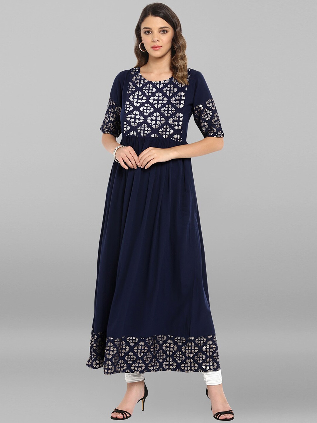 

KALINI Ethnic Motifs Printed Round Neck Anarkali Kurta, Navy blue