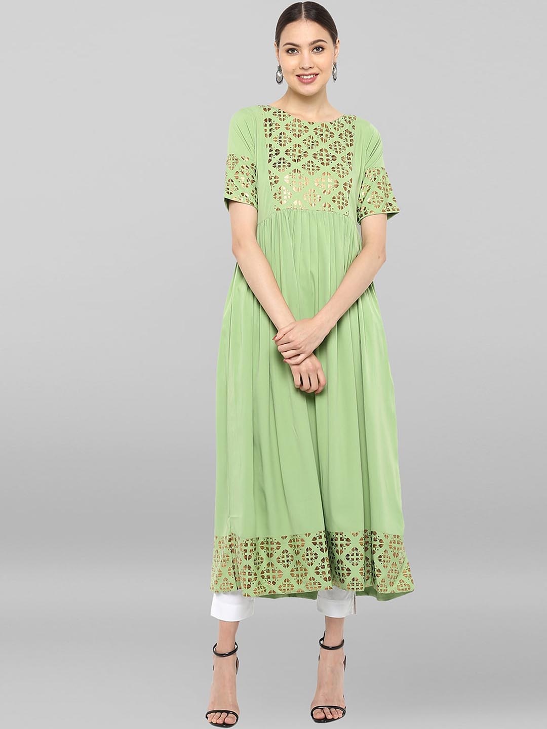 

KALINI Ethnic Motifs Printed Round Neck Anarkali Kurta, Green