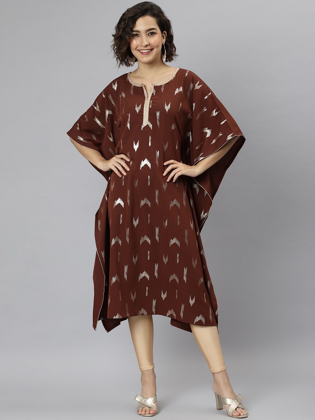 

KALINI Geometric Printed Notched Neck Flared Sleeves Kaftan Kurta, Brown