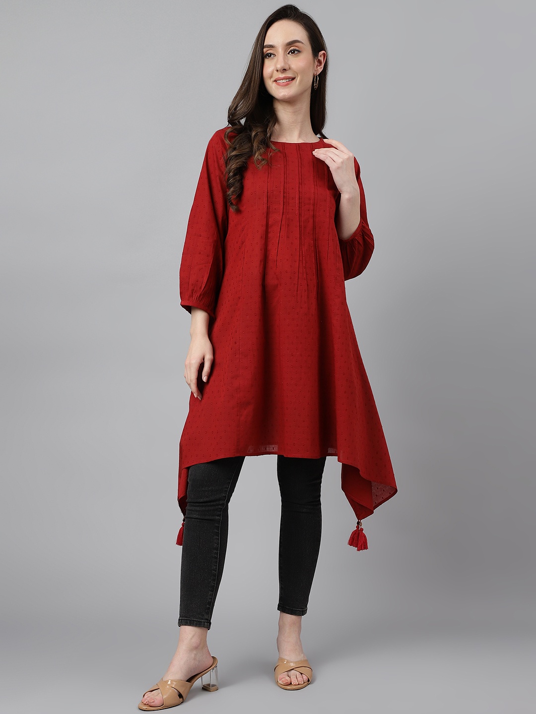 

KALINI Self Design Puff Sleeves Cotton Tunic, Maroon