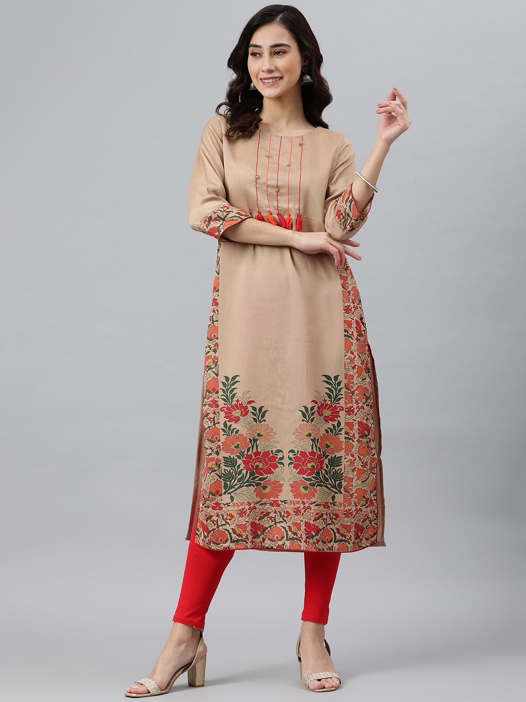 

KALINI Floral Printed Silk Straight Kurta, Beige