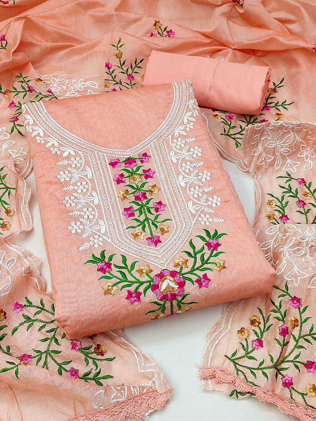 

KALINI Floral Embroidered Unstitched Dress Material, Peach