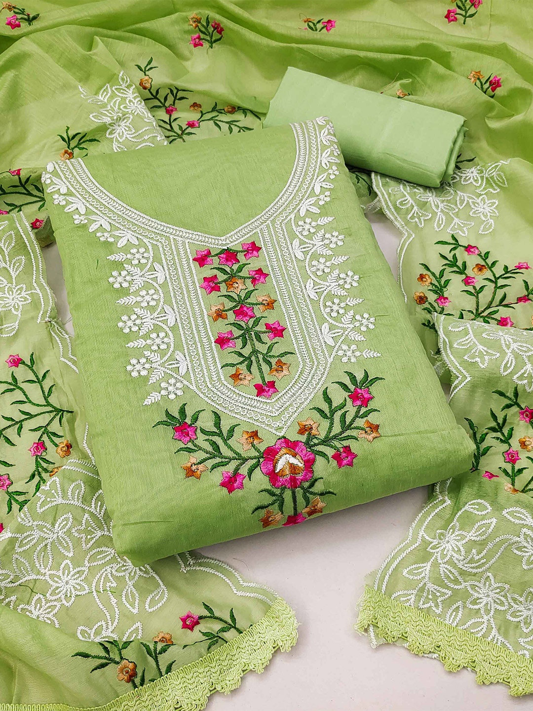

KALINI Floral Embroidered Unstitched Dress Material, Green