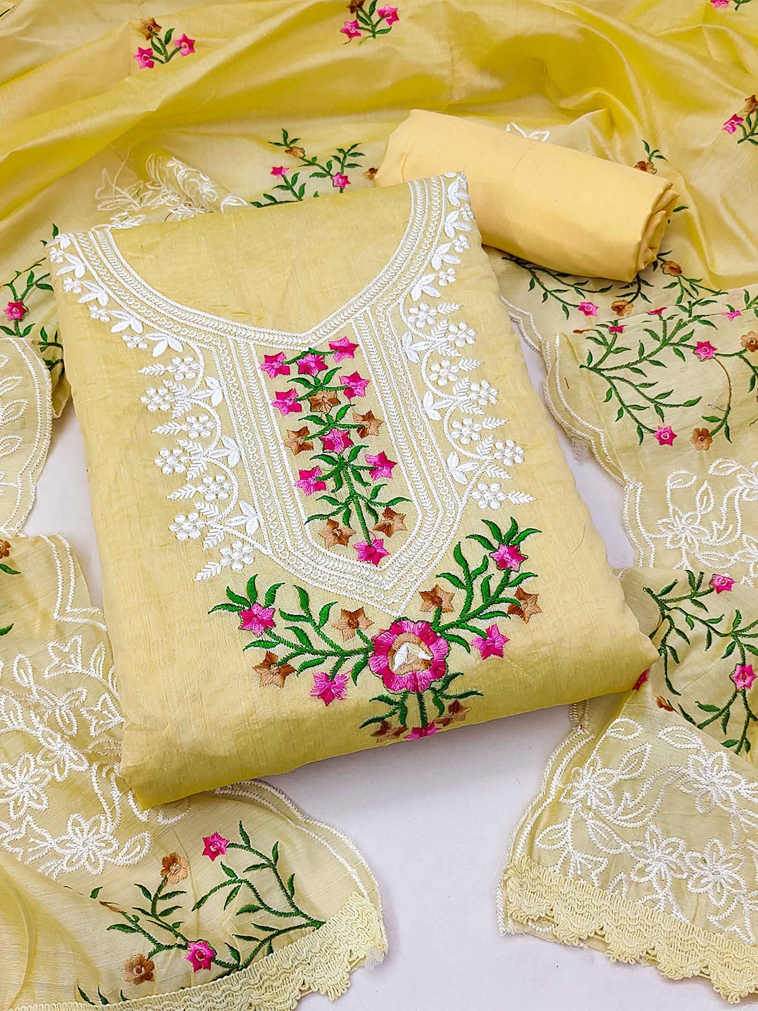 

KALINI Floral Embroidered Unstitched Dress Material, Yellow