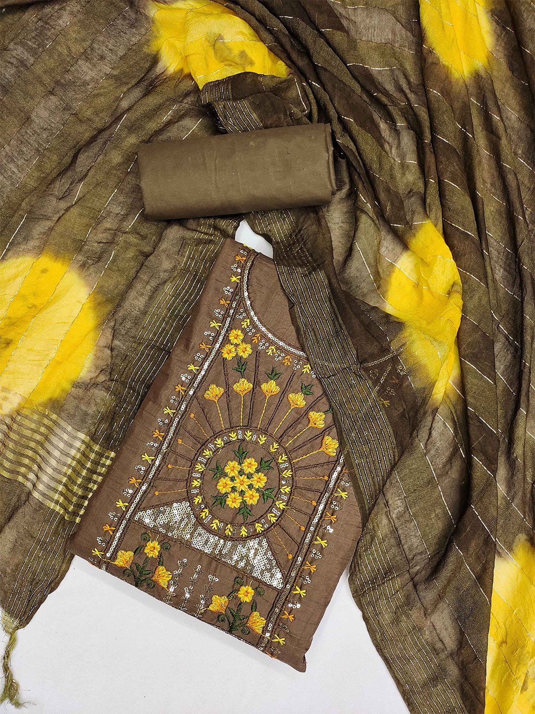 

KALINI Ethnic Motif Embroidered Unstitched Dress Material, Brown
