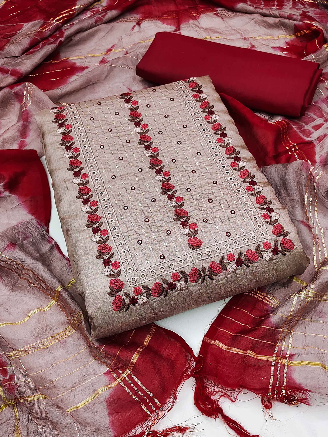 

KALINI Floral Embroidered Unstitched Dress Material, Rust