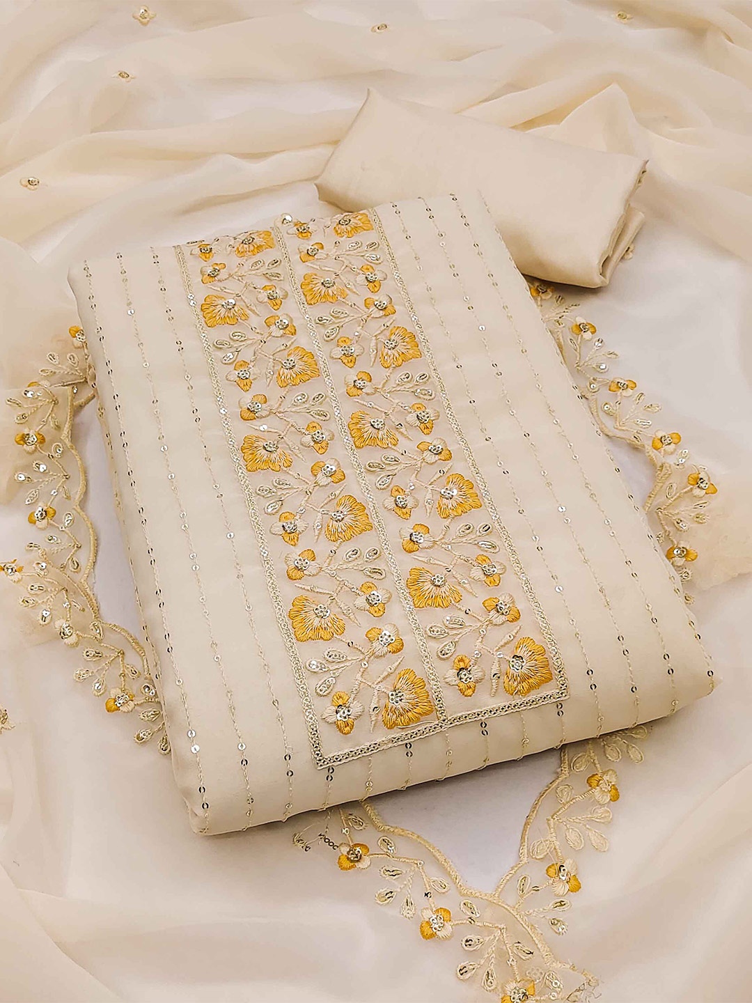 

KALINI Floral Embroidered Sequinned Unstitched Dress Material, Cream