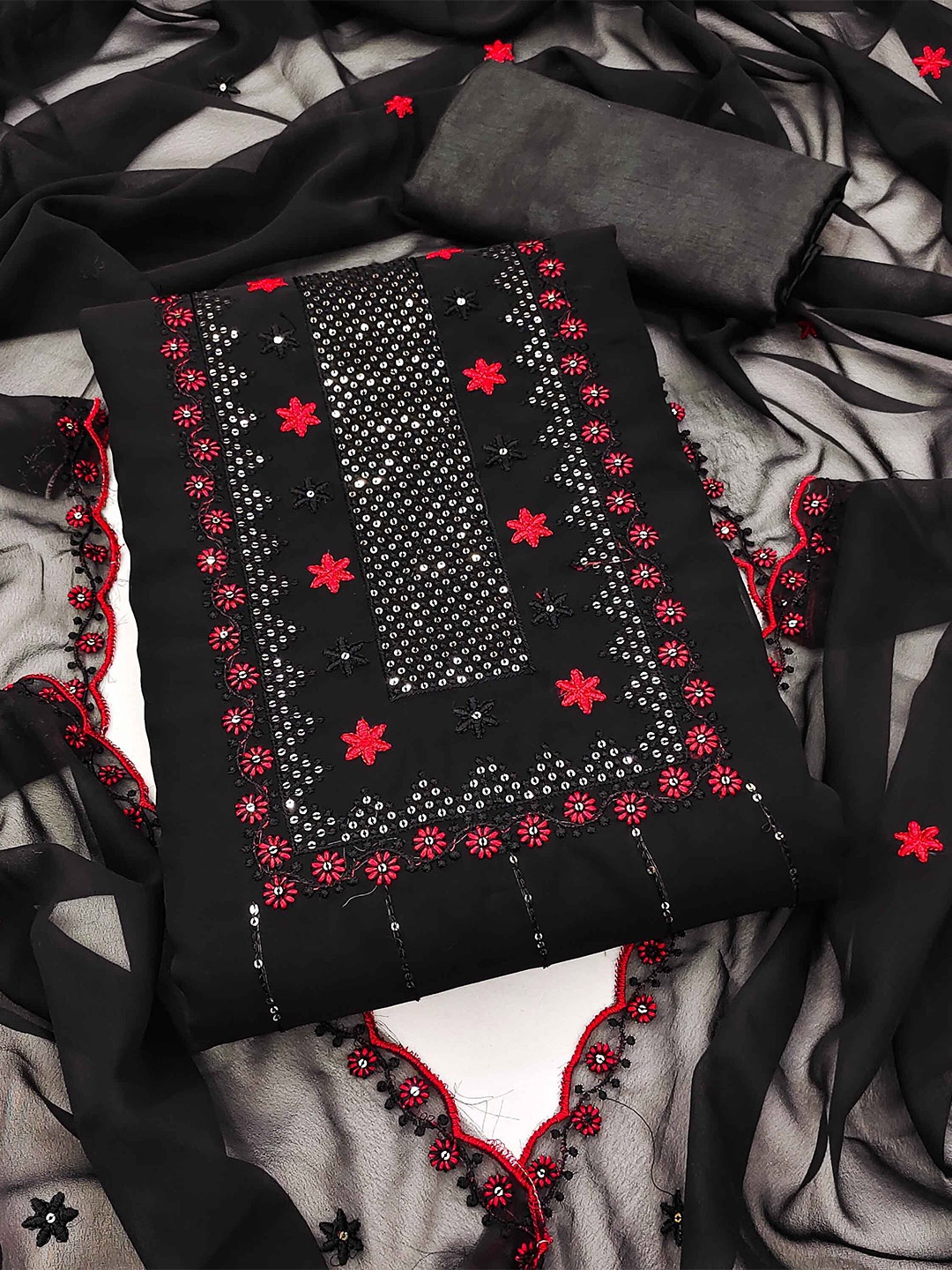 

KALINI Ethnic Motif Embroidered Sequinned Unstitched Dress Material, Black