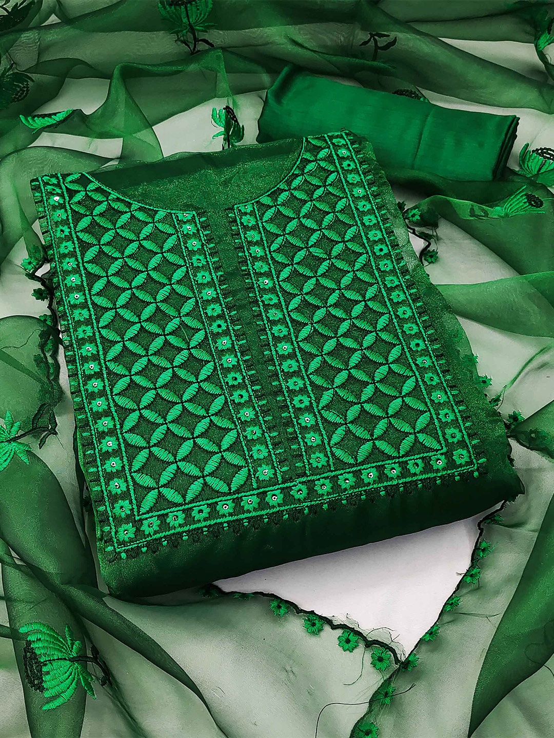 

KALINI Ethnic Motif Embroidered Unstitched Dress Material, Green