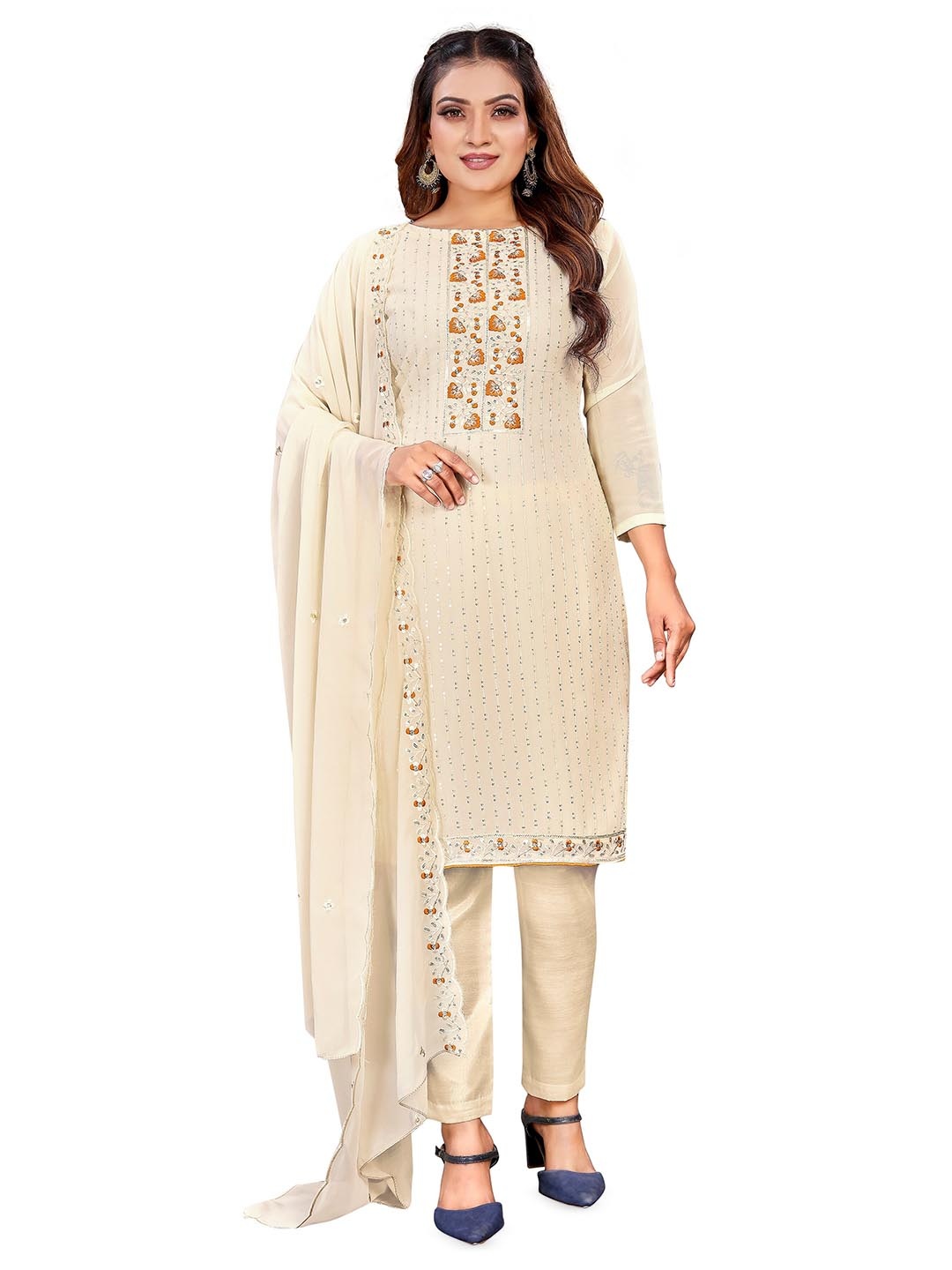 

KALINI Ethnic Motif Embroidered Sequinned Unstitched Dress Material, Cream