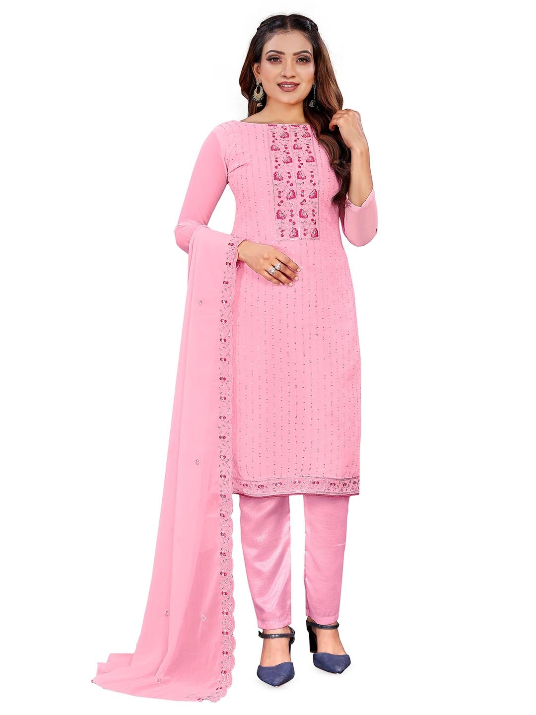 

KALINI Ethnic Motif Embroidered Sequinned Unstitched Dress Material, Pink