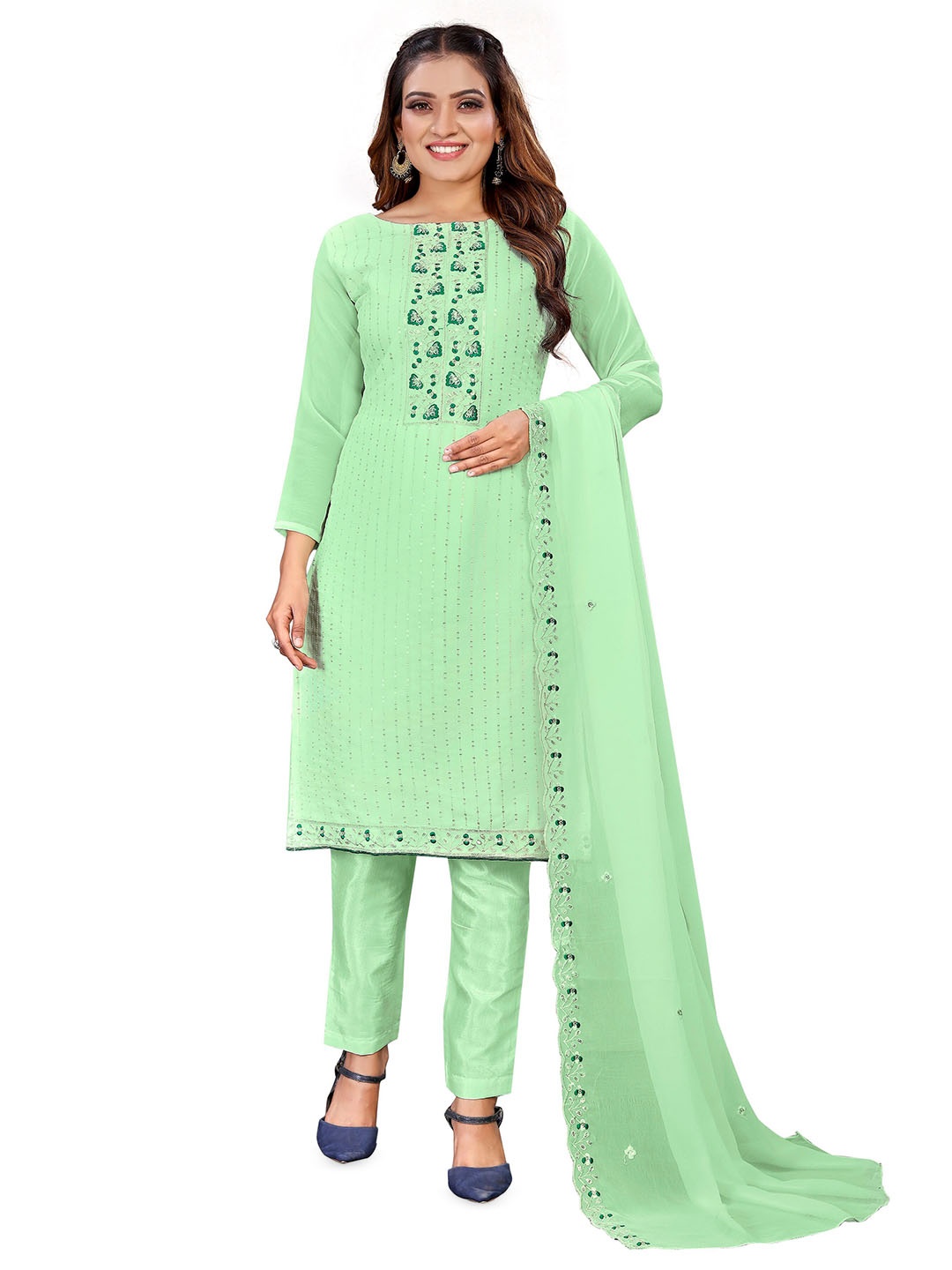 

KALINI Ethnic Motif Embroidered Sequinned Unstitched Dress Material, Green