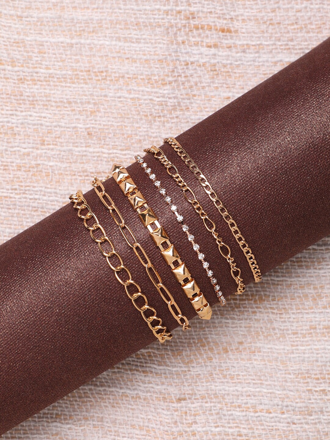 SOHI Set of 6 Gold-Plated Artificial Stone Studded Anklets