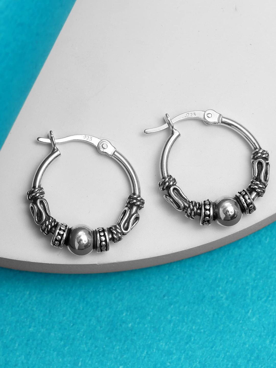 LeCalla 925 Sterling Silver Plated Oxidised Contemporary Hoop Earrings