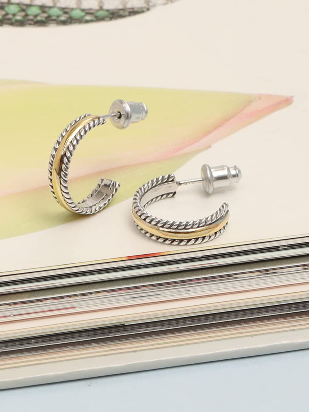 

LeCalla Silver Plated Sterling Silver Contemporary Half Hoop Earrings