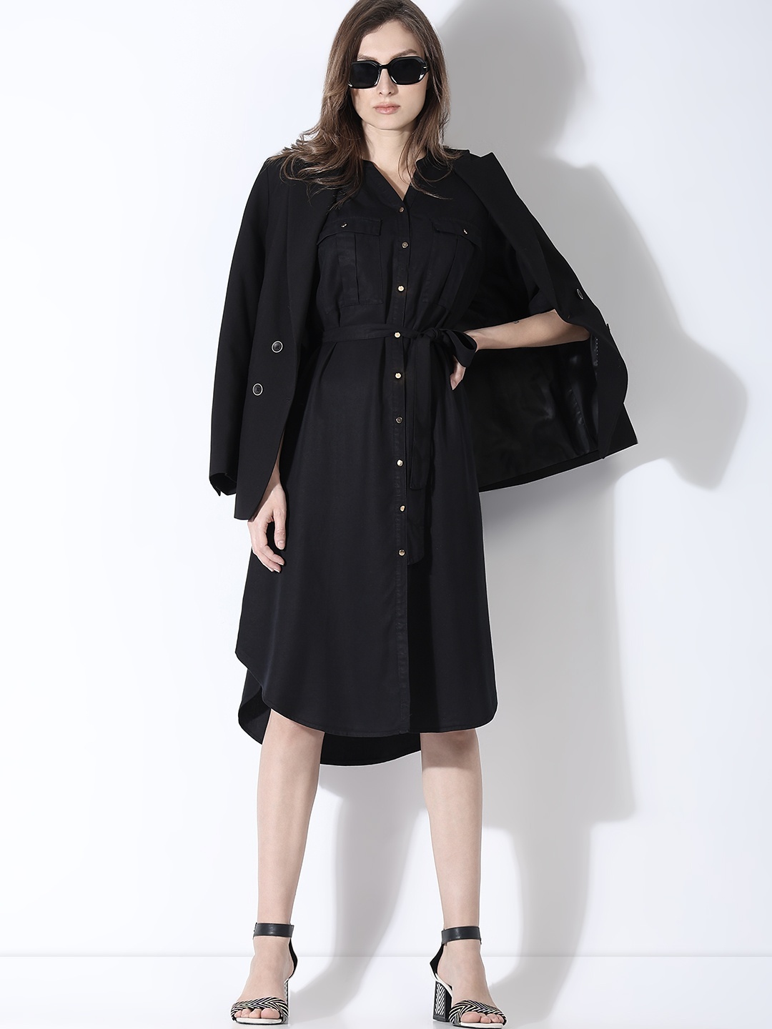 

Vero Moda Mandarin Collar Roll-Up Sleeves Shirt Dress With Belt, Black