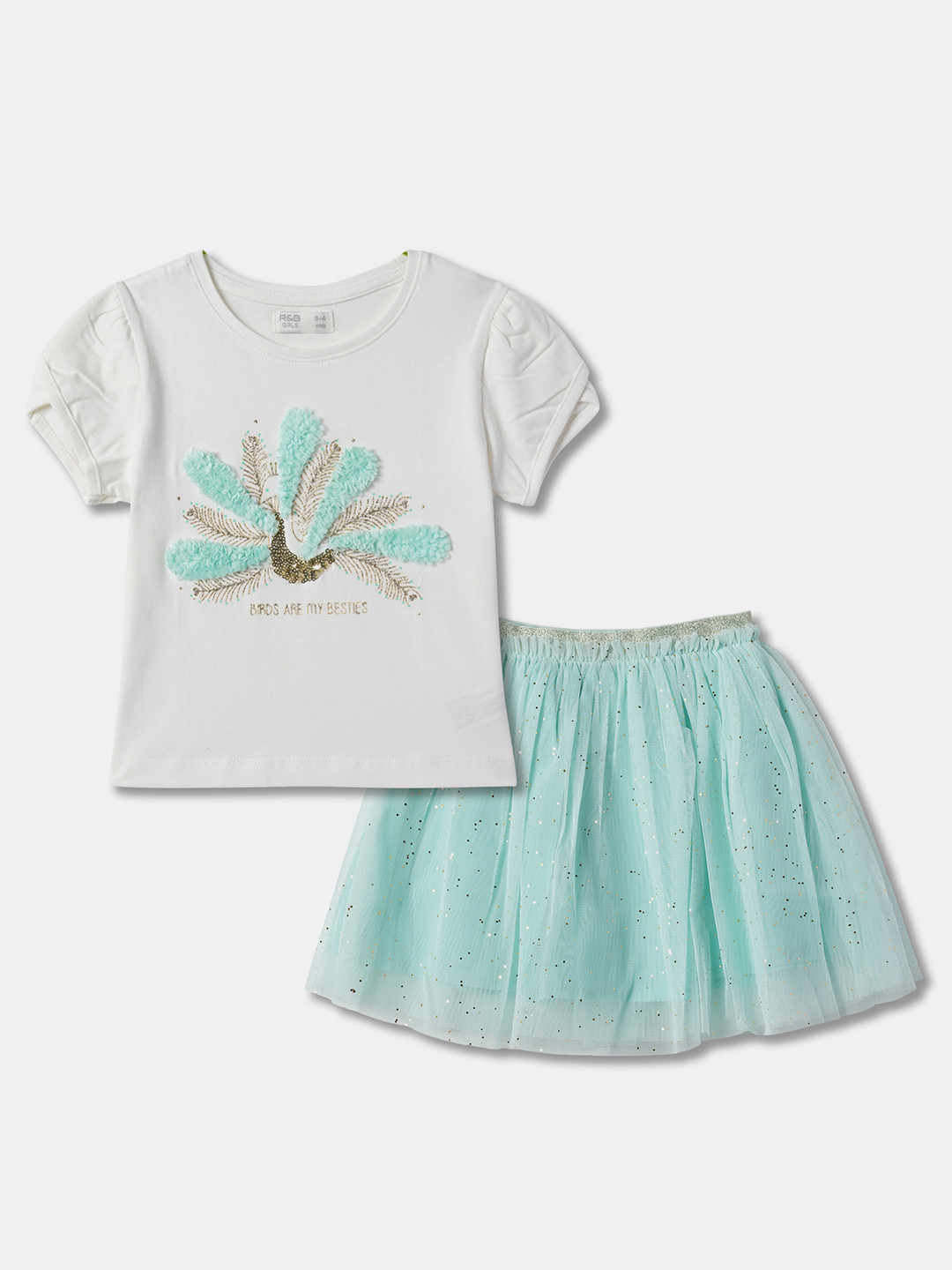 

R&B Girls Embellished Top with Skirt, Green