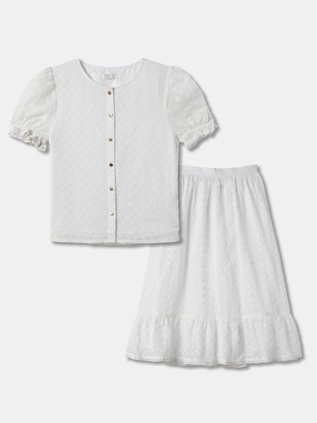 R&B Girls Floral Embroidered Top with Skirt, White