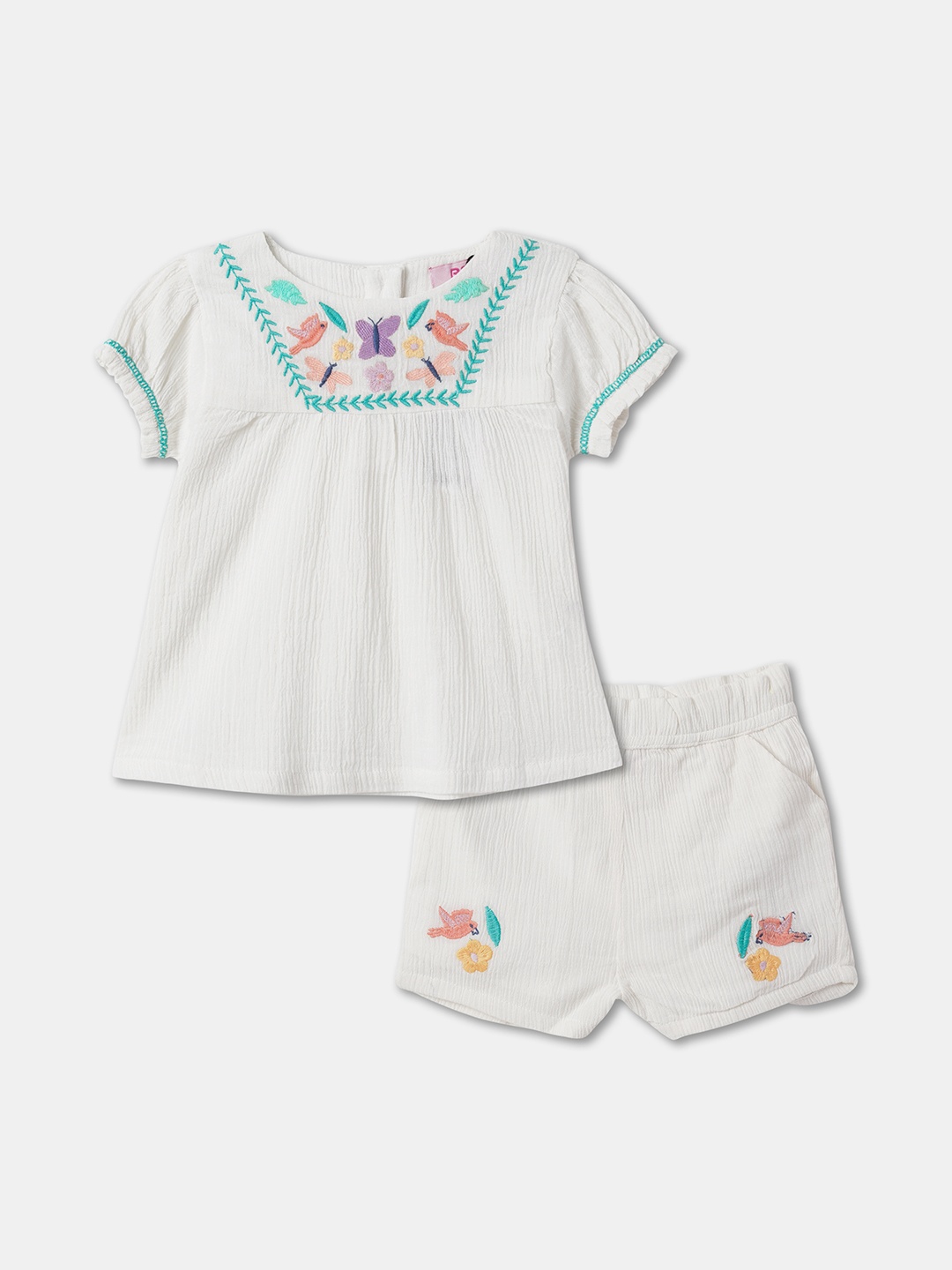 

R&B Girls Embroidered Top with Shorts, White