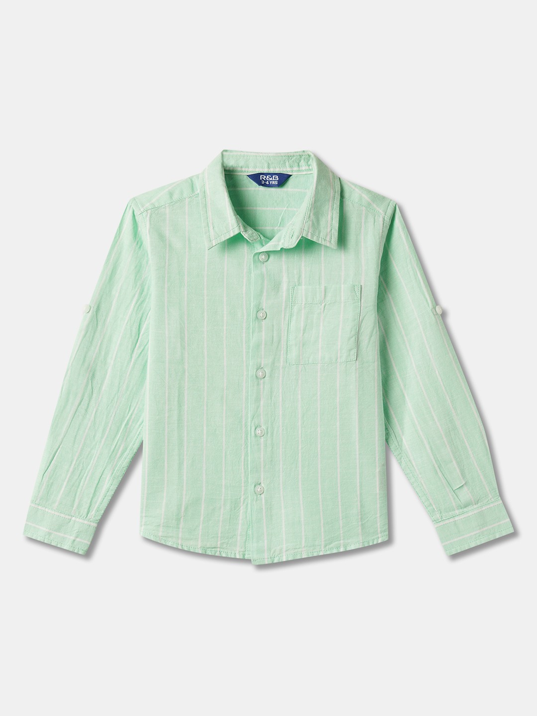 

R&B Boys Vertical Striped Spread Collar Roll Up Sleeves Cotton Casual Shirt, Green