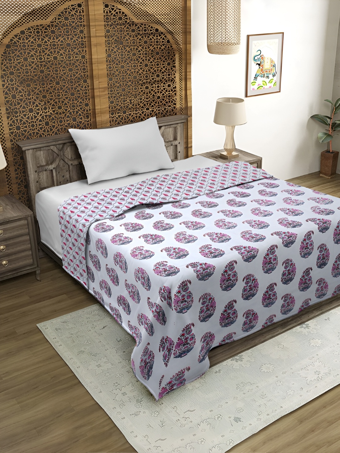 

Rajasthan Decor White & Pink Ethnic Motifs AC Room 120 GSM Single Bed Dohar