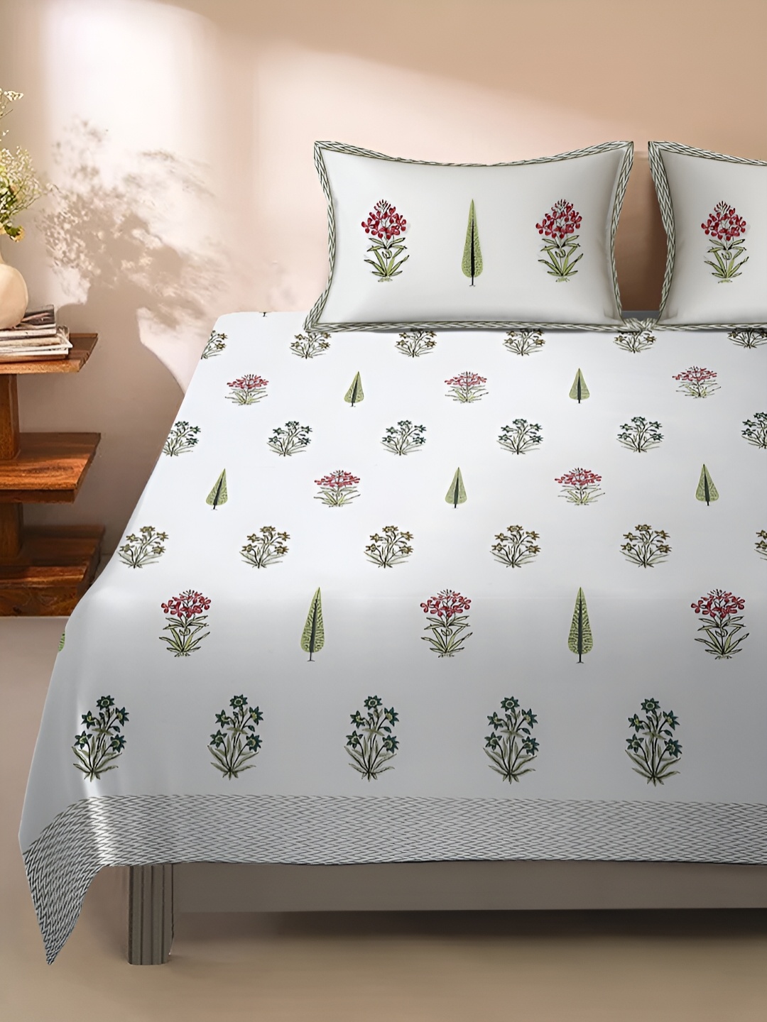 

Rajasthan Decor White & Red Floral 180 TC King Bedsheet with 2 Pillow Covers