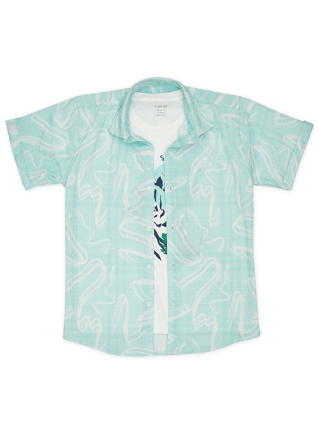 

CAVIO Boys Floral Printed Pure Cotton Casual Shirt & T-Shirt, Blue