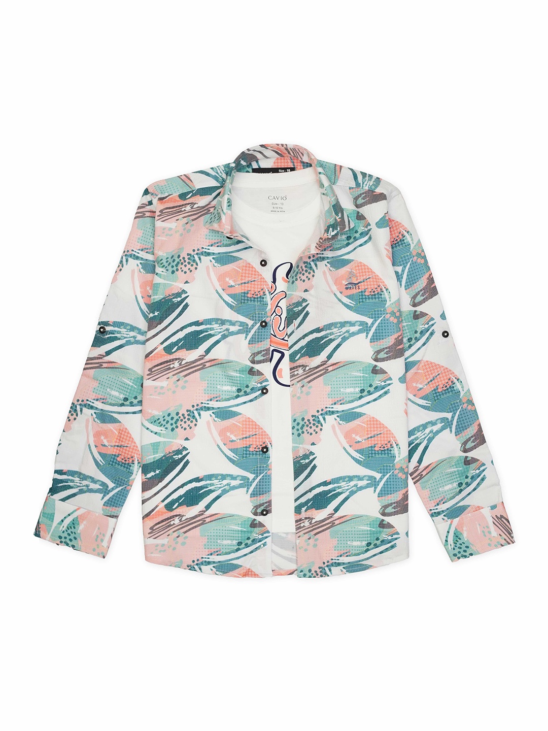 

CAVIO Boys Floral Printed Pure Cotton Casual Shirt & T-Shirt, Pink