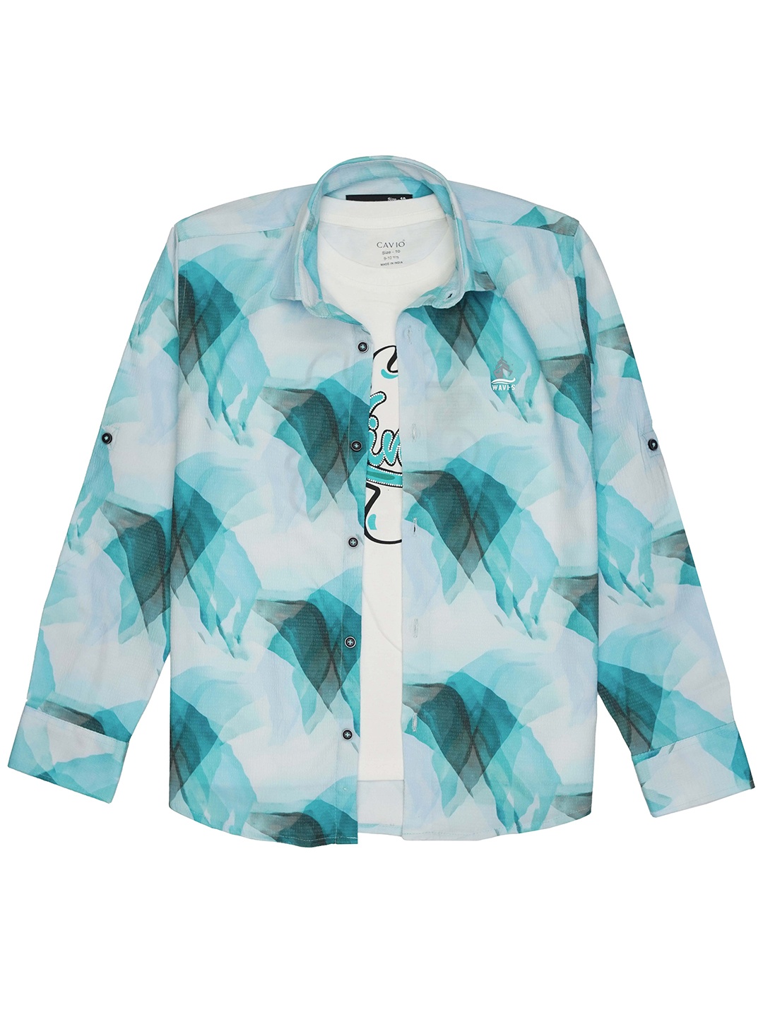 

CAVIO Boys Floral Printed Pure Cotton Casual Shirt & T-Shirt, Sea green