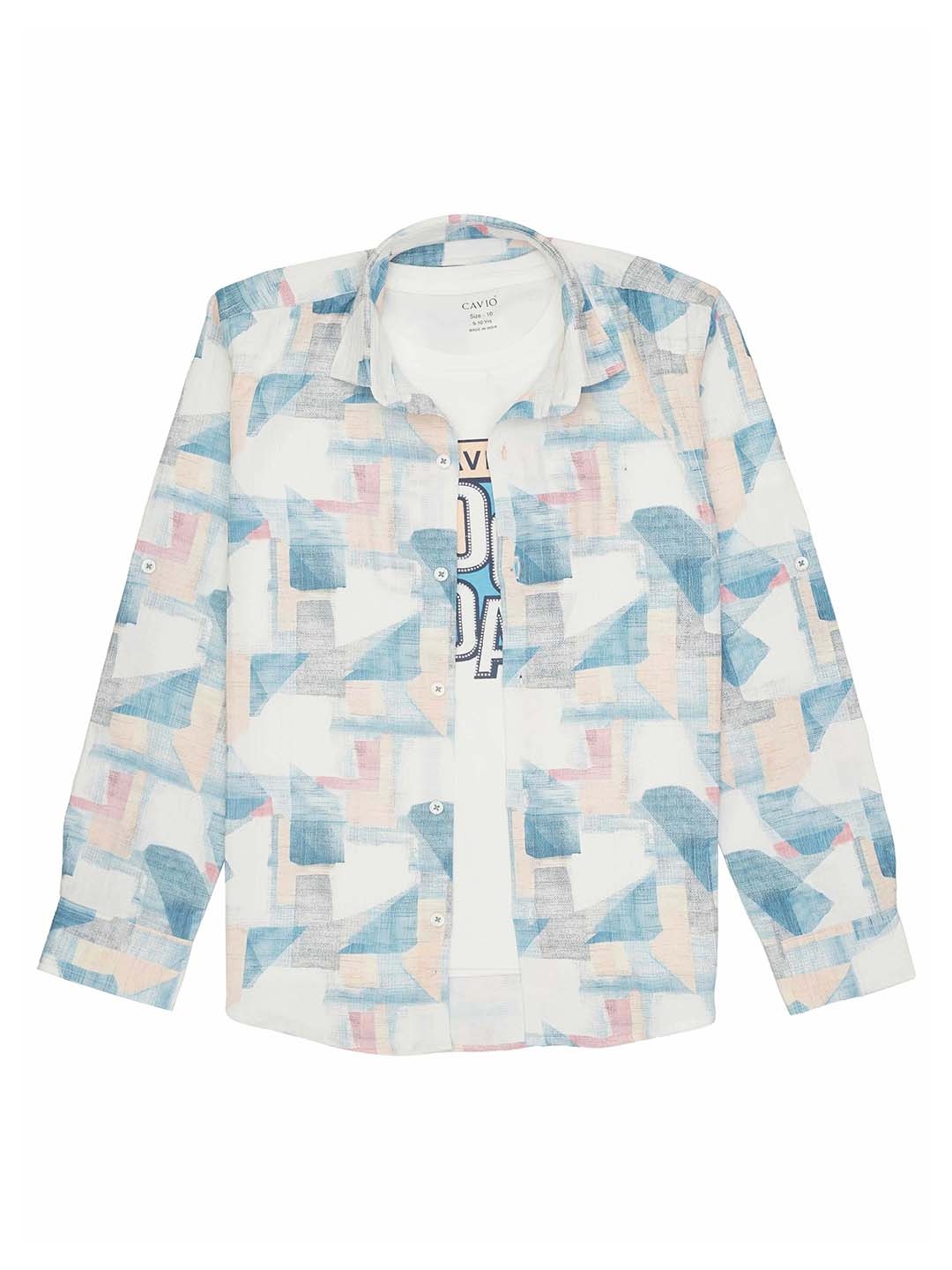 CAVIO Boys Floral Printed Pure Cotton Casual Shirt & T-Shirt, Blue