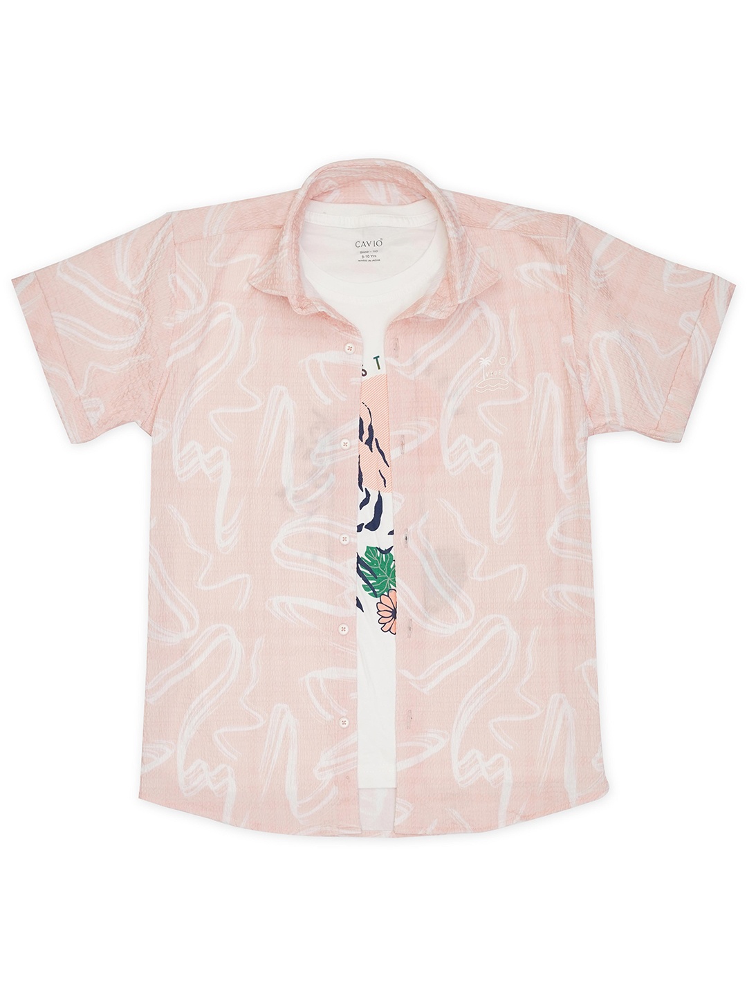 

CAVIO Boys Comfort Abstract Printed Casual Pure Cotton Shirt With T-Shirt, Beige